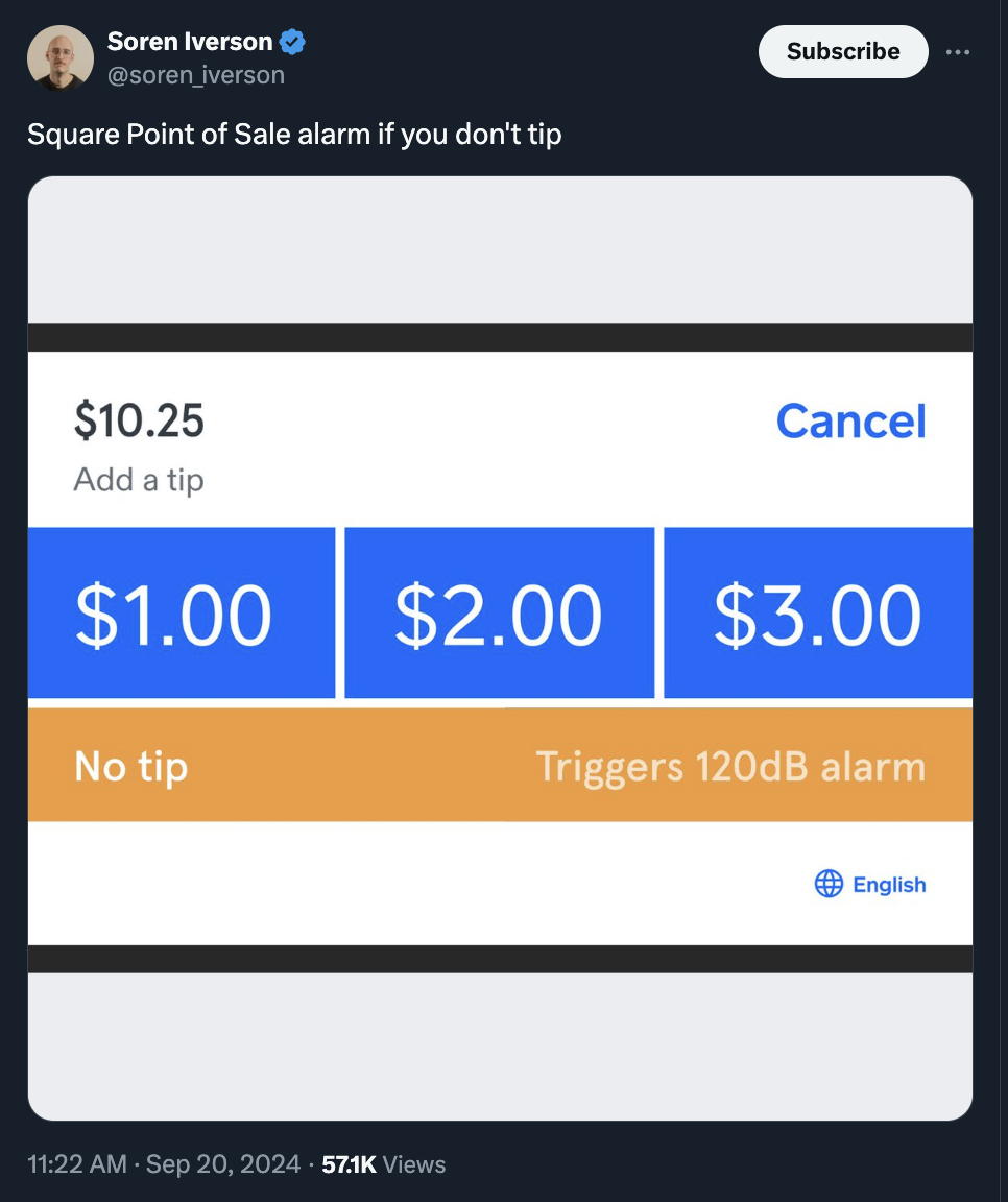 screenshot - Soren Iverson Square Point of Sale alarm if you don't tip $10.25 Add a tip Subscribe Cancel $1.00 $2.00 $3.00 No tip Views Triggers 120dB alarm English